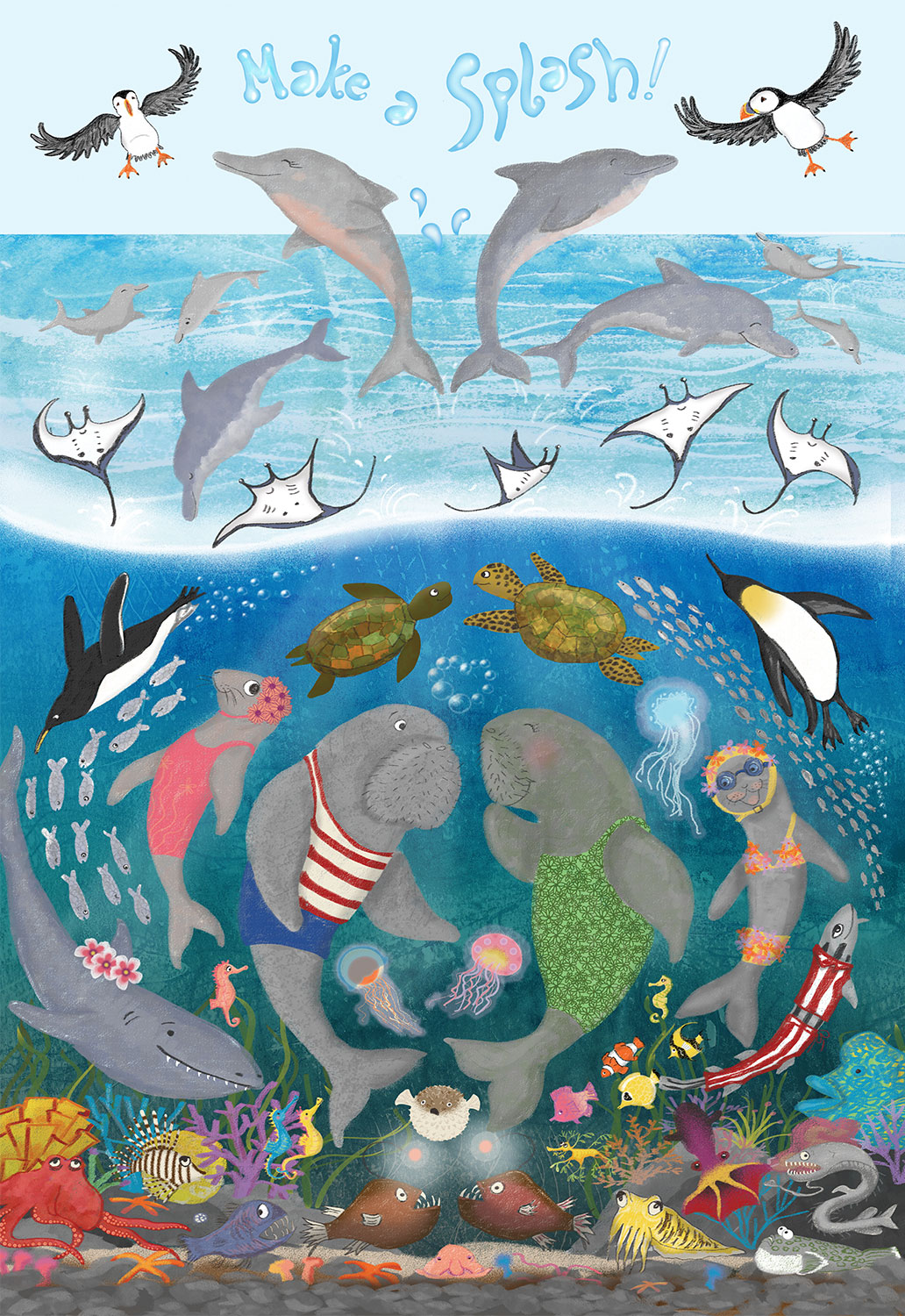 An underwater scene showing sea creatures leaping and swimming, with 'Make a splash' written in bubbles at the top.