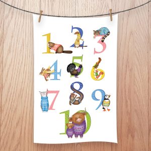 Tea towel with the numbers 1-10 illustrated with Scottish animals.