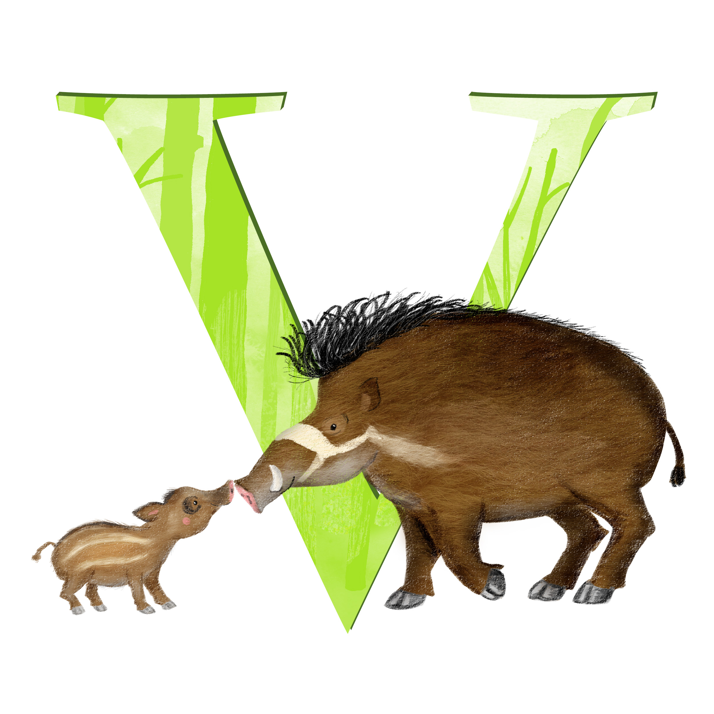 Green capital letter V with a cute father Visayan warty pig and piglet.