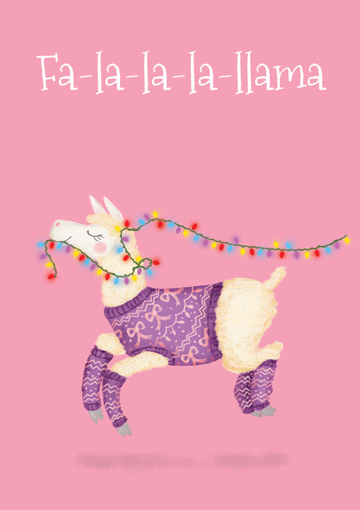 Fa-la-llama Drawing of as llama wearing a Christnas jumper and legwarmers, with a string of fairy lights in her mouth. Above is written Fa-la-la-la-llama.