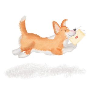 Drawing of a cute corgi puppy with a letter in her mouth.