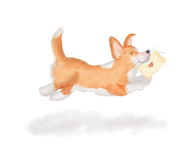 Drawing of a cute corgi puppy holding a letter in her mouth,