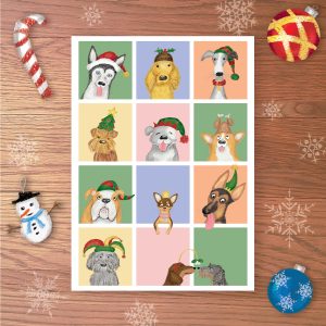 Christmas card with dogs wearing festive hats.