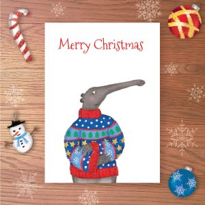 Christmas card with an anteater wearing a Christmas jumper and Merry Christmas written above.