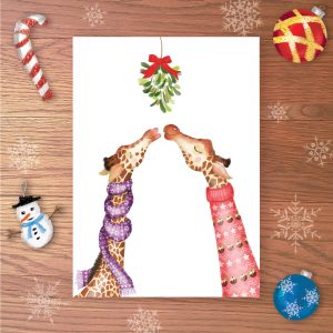 Christmas card with two giraffes wearing a knitwear, kissing under a bunch of mistletoe.