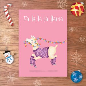Christmas card with a happy llama jumping along holding a string of fairy lights in her mouth, with Fa-la-la-la-llama written above.