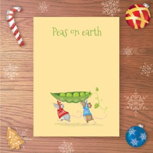 Christmas card with two mice in festive jumpers holding a pod of peas above their heads, with Peas on earth written above.