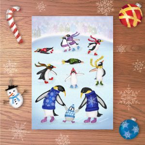 Christmas card with penguins wearing ice skates and Christmas jumpers and knitwear, skating on a frozen pond.