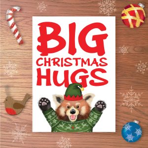 Greetings card with a red panda wearing a Christmas jumper and elf hat, holding up his arms, with the text BIG CHRISTMAS HUGS above.