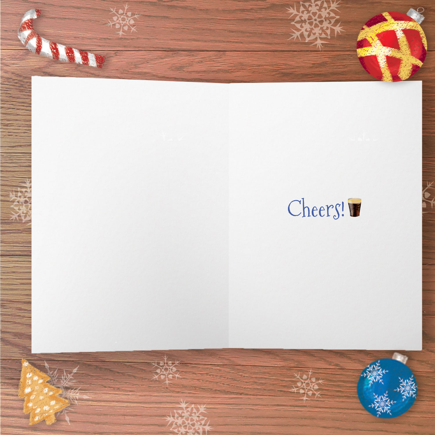 Inside of a greetings card with the text Cheers! and a drawing of a pint of beer.