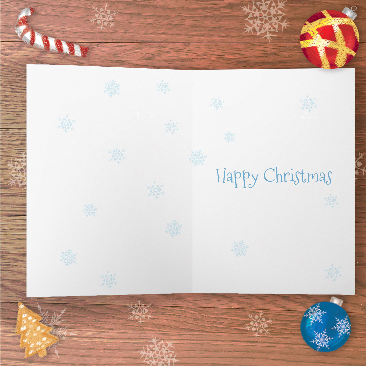 Inside of a greetings card with the text Happy Christmas.