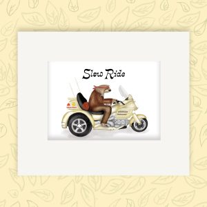 Print of a sloth riding a Goldwing trike motorcycle.