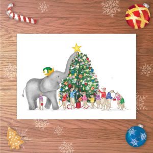 Christmas card with an elephant putting a star on top of a Christmas tree, while meerkats decorate the lower branches with baubles.