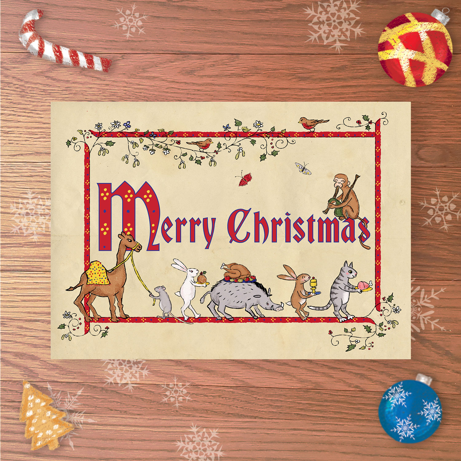Medieval style Christmas card with Merry Christmas in the middle and aninals in a procession underneath.