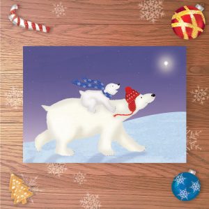 Christmas card with a mother polar bear in a red knitted hat with a cub on her back, wearing a scarf.