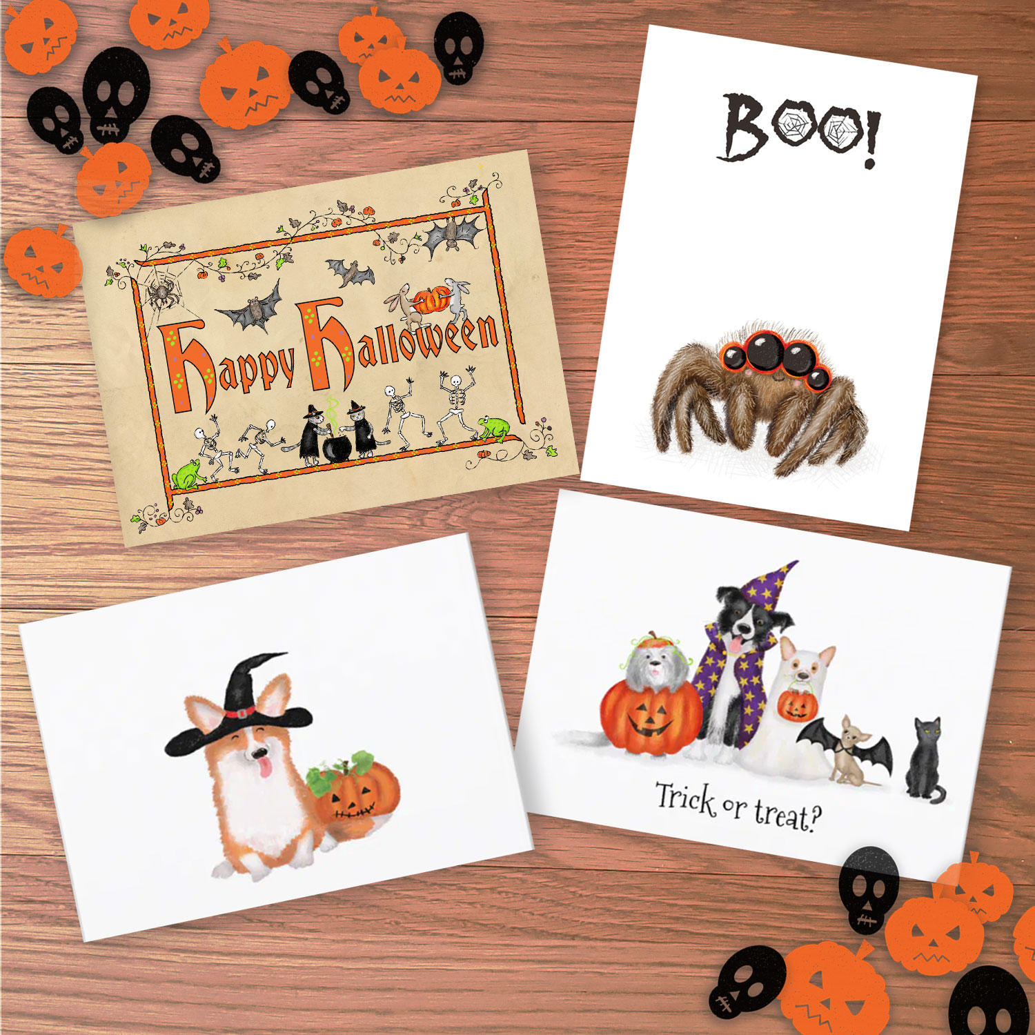 Four Halloween cards featuring dogs, cats and a cute spider.