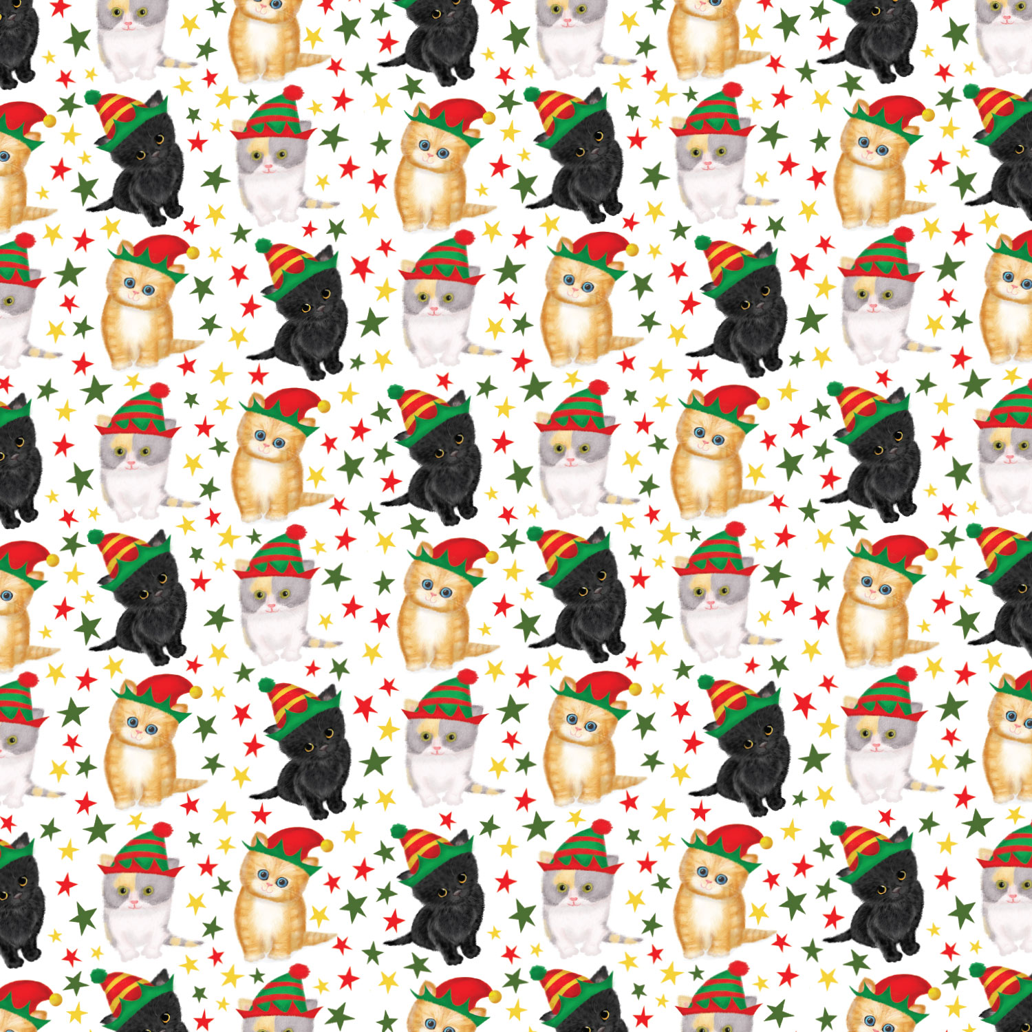 Pattern of three kittens wearing Christmas hats.