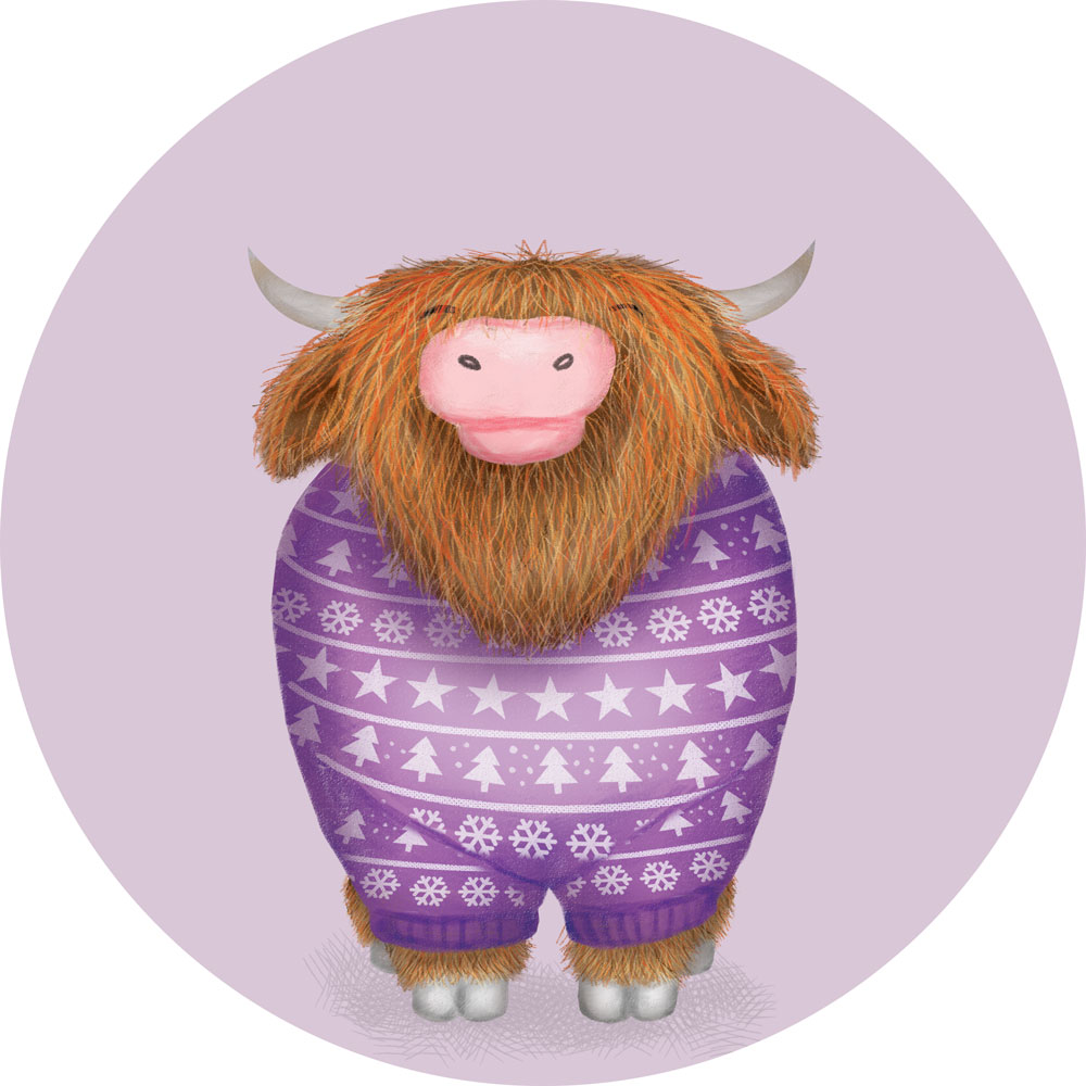 Highland cow wearing a purple jumper,