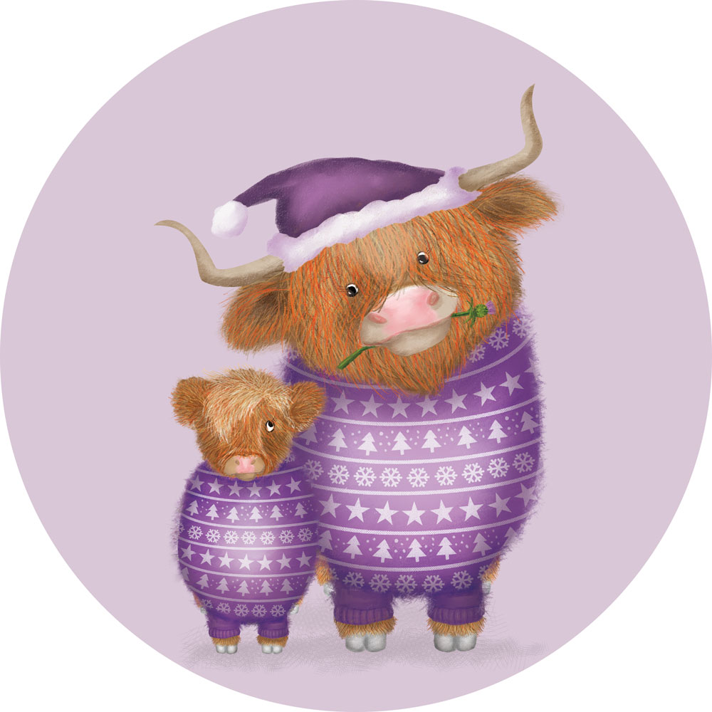 Mother Highland cow wearing a purple jumper and matching Santa hat, and her cute calf.